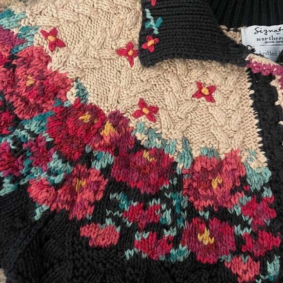 Vintage Northern Isles Hand Knit Cardigan Sweater Size L 90s Cottagecore Floral - Picture 4 of 11